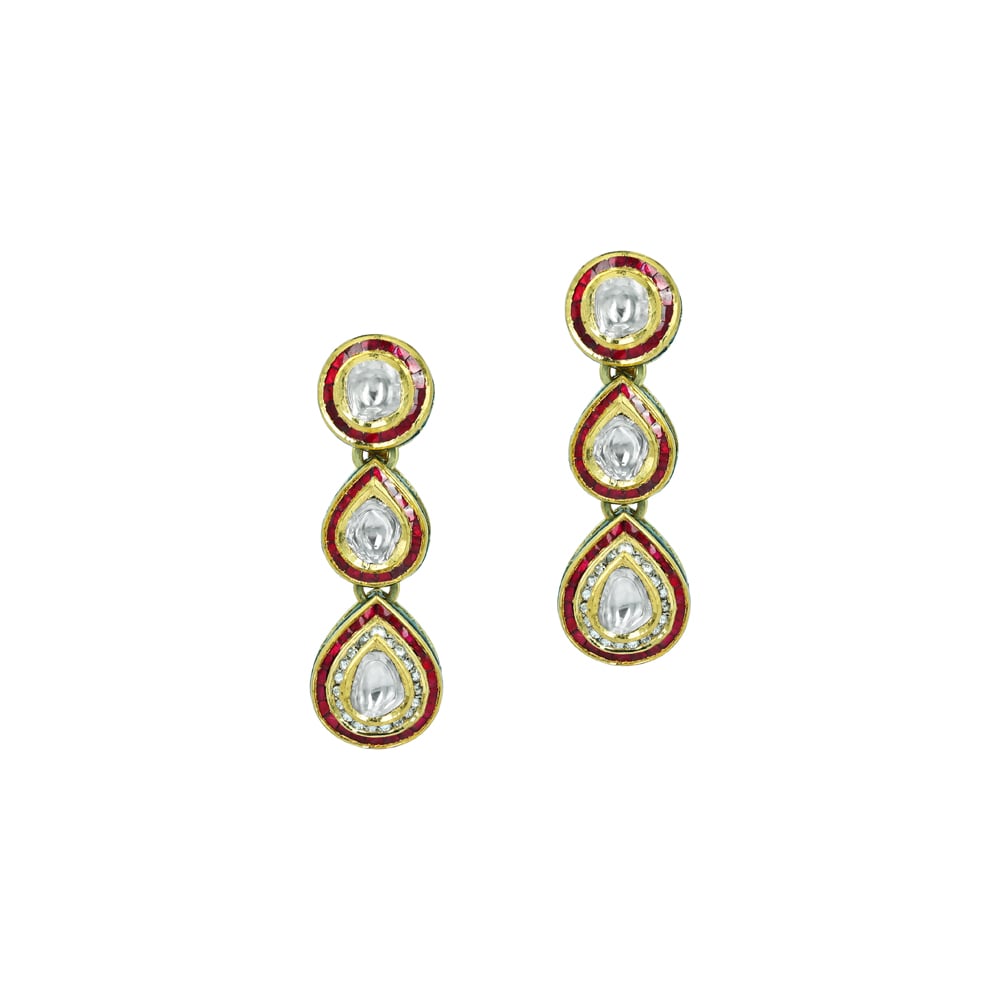 Polki Earrings with Red Stones, Green Enamel, and Teardrops